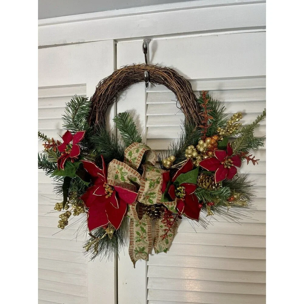 Christmas Wreath- Deep Red Poinsettias with Matte Gold Trim